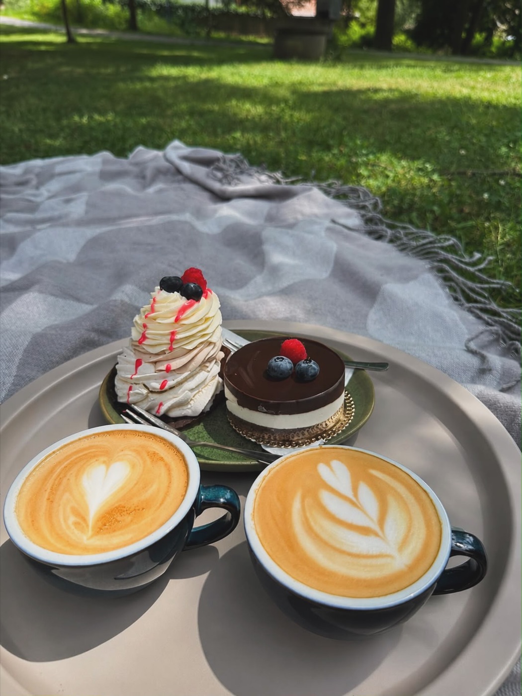 Dvě cappuccina a zákusky na dece v naší zahradě